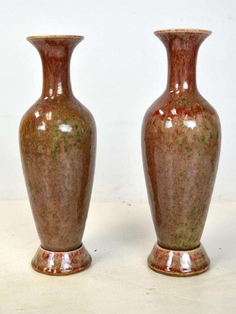 Pr Chinese Peach Bloom Glazed Vases w. Stands (1 of 8)