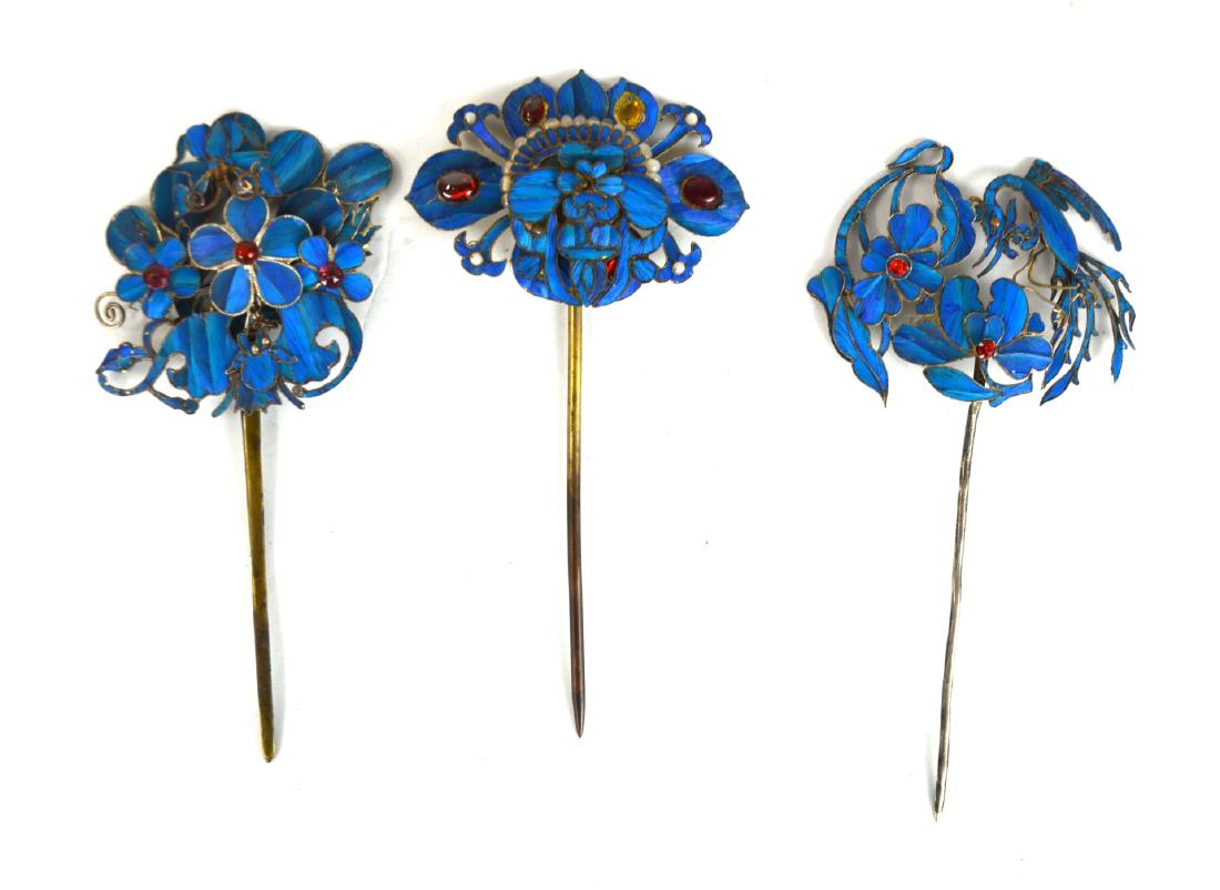 Three Chinese Kingfisher Feather Pins (1 of 9)