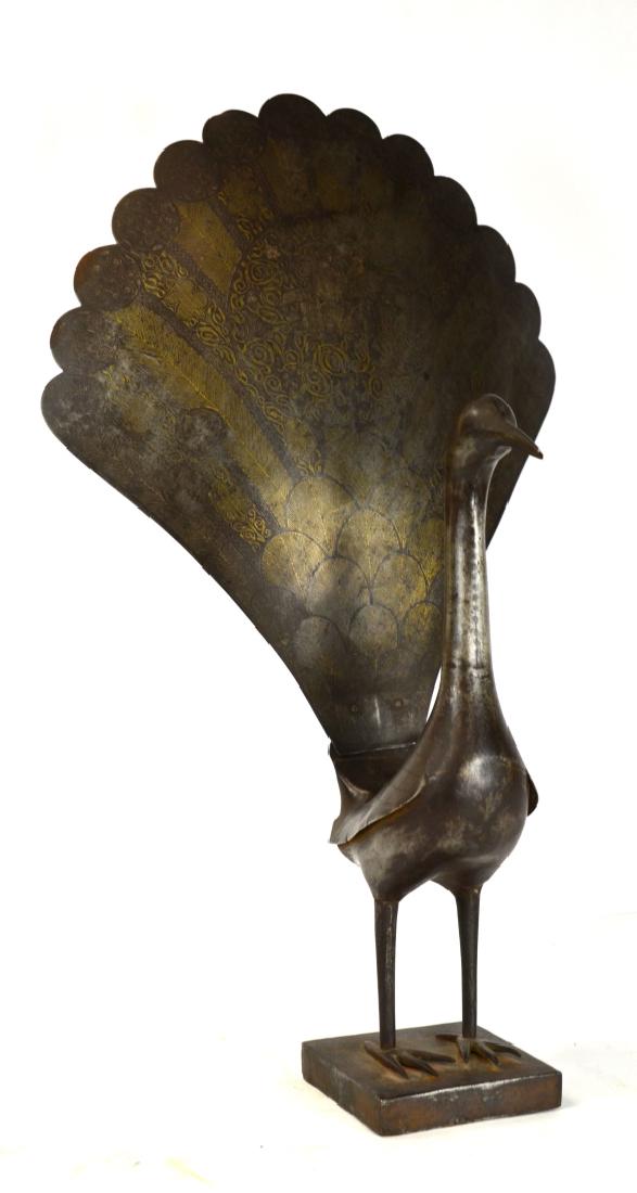 Persian Antique Peacock w Gold Inaid: Antique Persian bronze peacock with gold inlaid. 21"H x 13 1/2"W