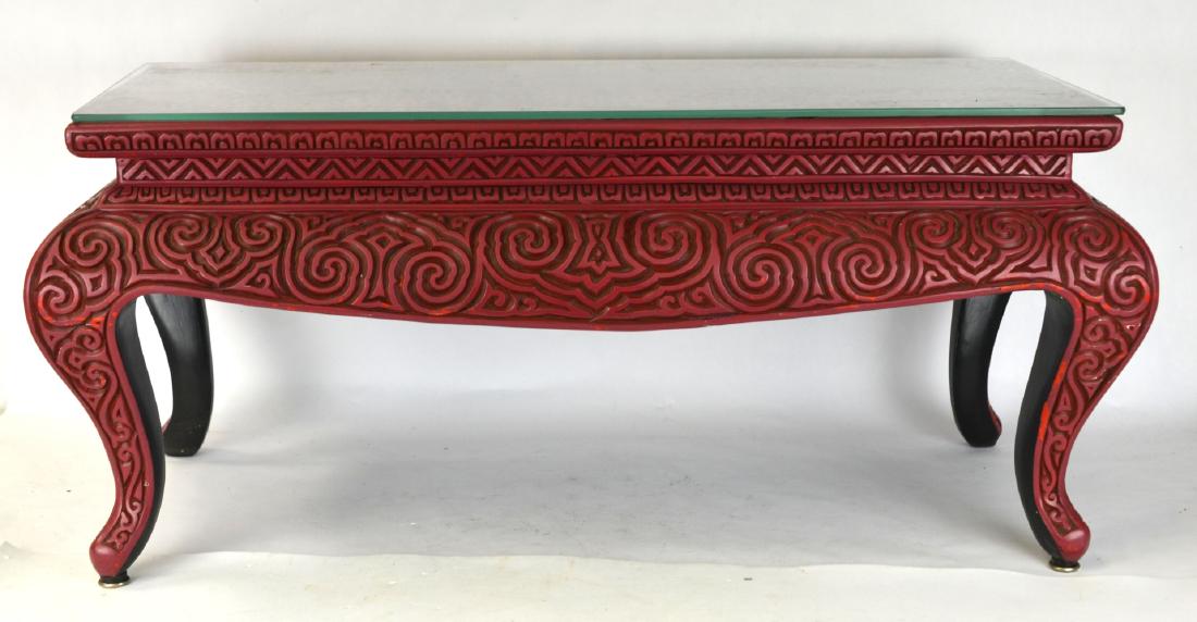 Chinese Carved Cinnabar Table w Glass Top (1 of 6)