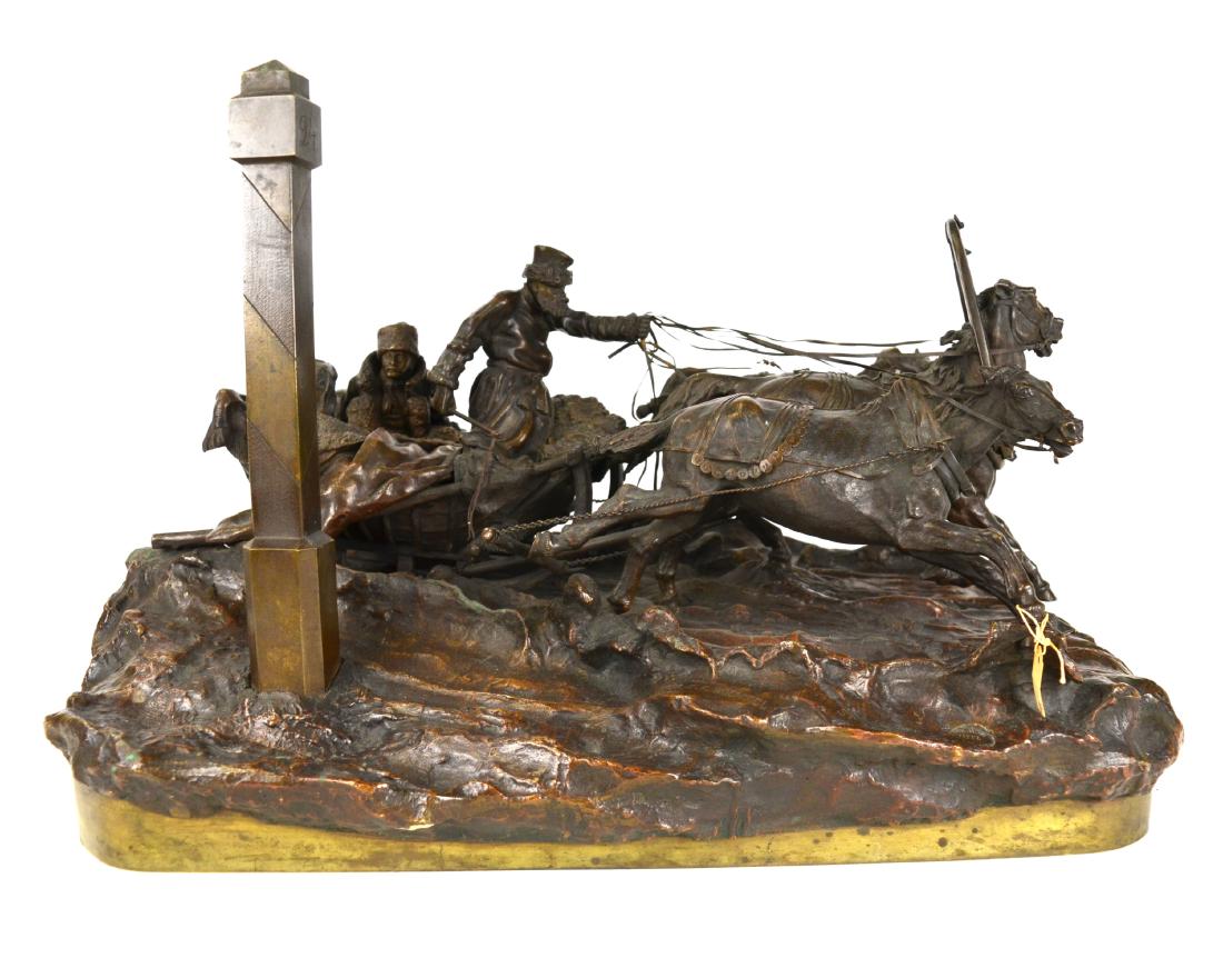 Russian Bronze Troika Sculpture Group: Russian bronze Troika grouping sculpture, GRACHEV Vassily Yacovlevitch,Troika with driver and two passengers, 11 1/2" H x 17" W x 12" D with mark and signature.