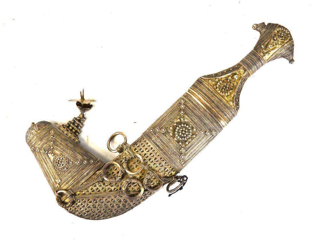Middle Eastern Silver Dagger w Fillegree Work: Middle Eastern silver dagger with fillegree work. 12" x 5 3/4"