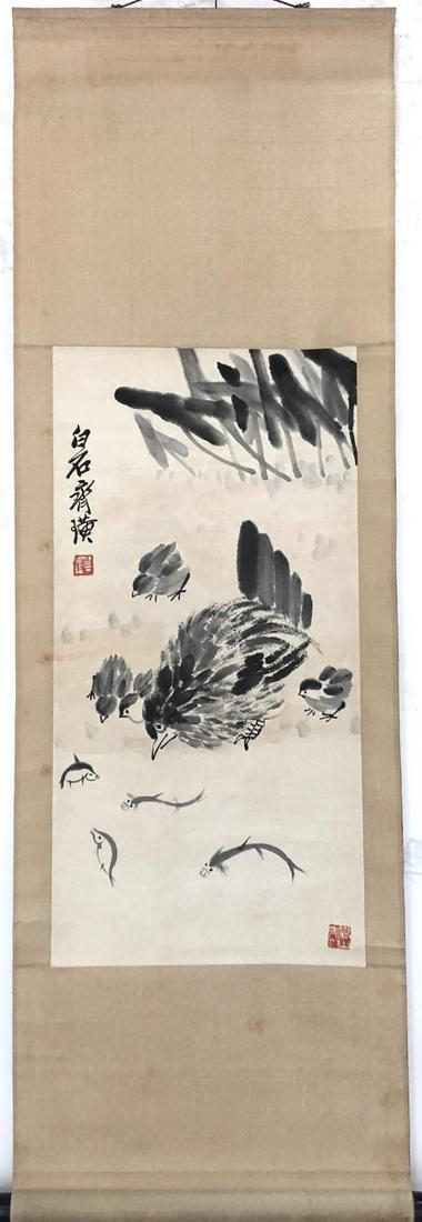 Attribute to Qibaishi Chinese Painting Scroll: Attribute to Qibaishi Chinese painting scroll painted with a hen and baby chicks. signed and stamped. 25 3/4"H x 13 "W