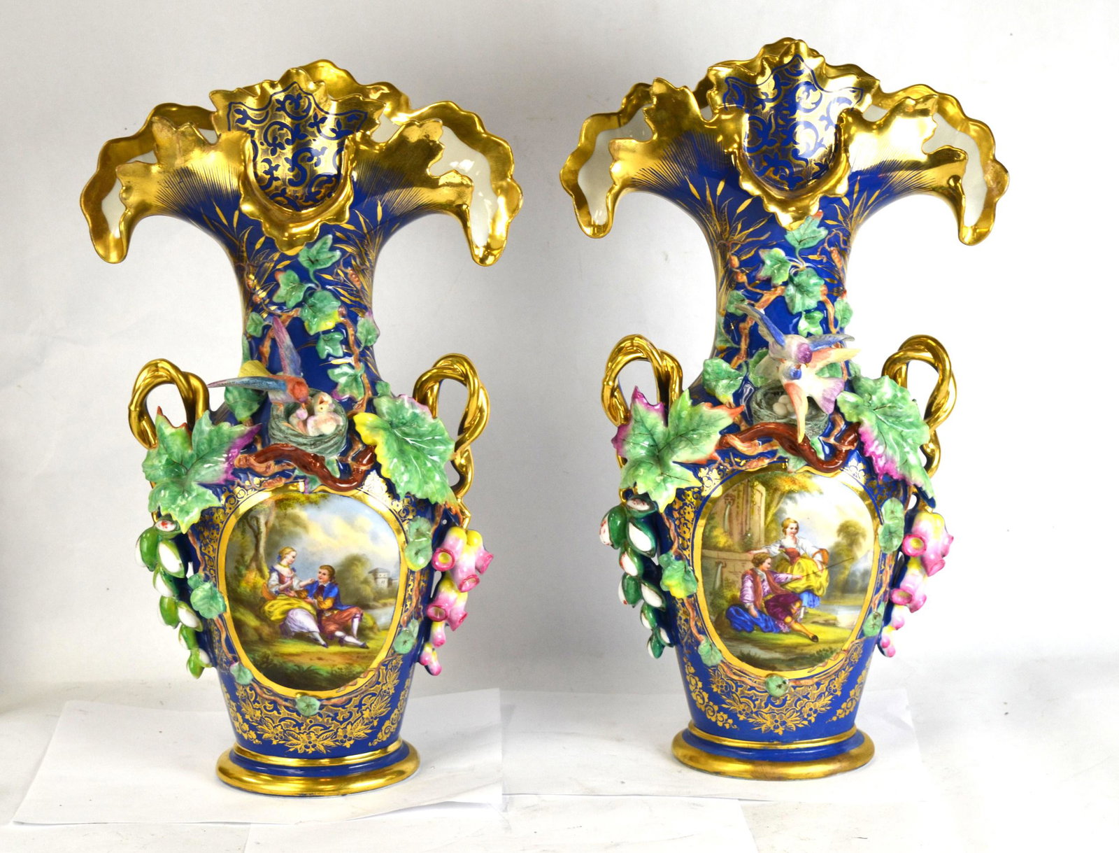 Pr Carved  Blue Painted Porcelain Vases (1 of 9)