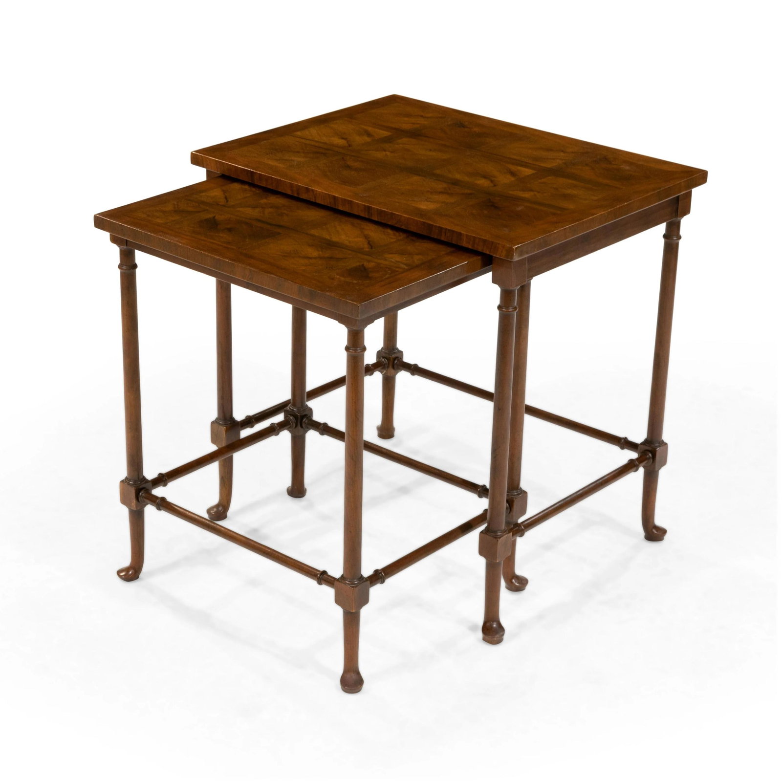 Baker - Marquetry Nesting Tables: Baker marquetry nesting tables with metal tag. Dimensions - 22" x 22" x 17"