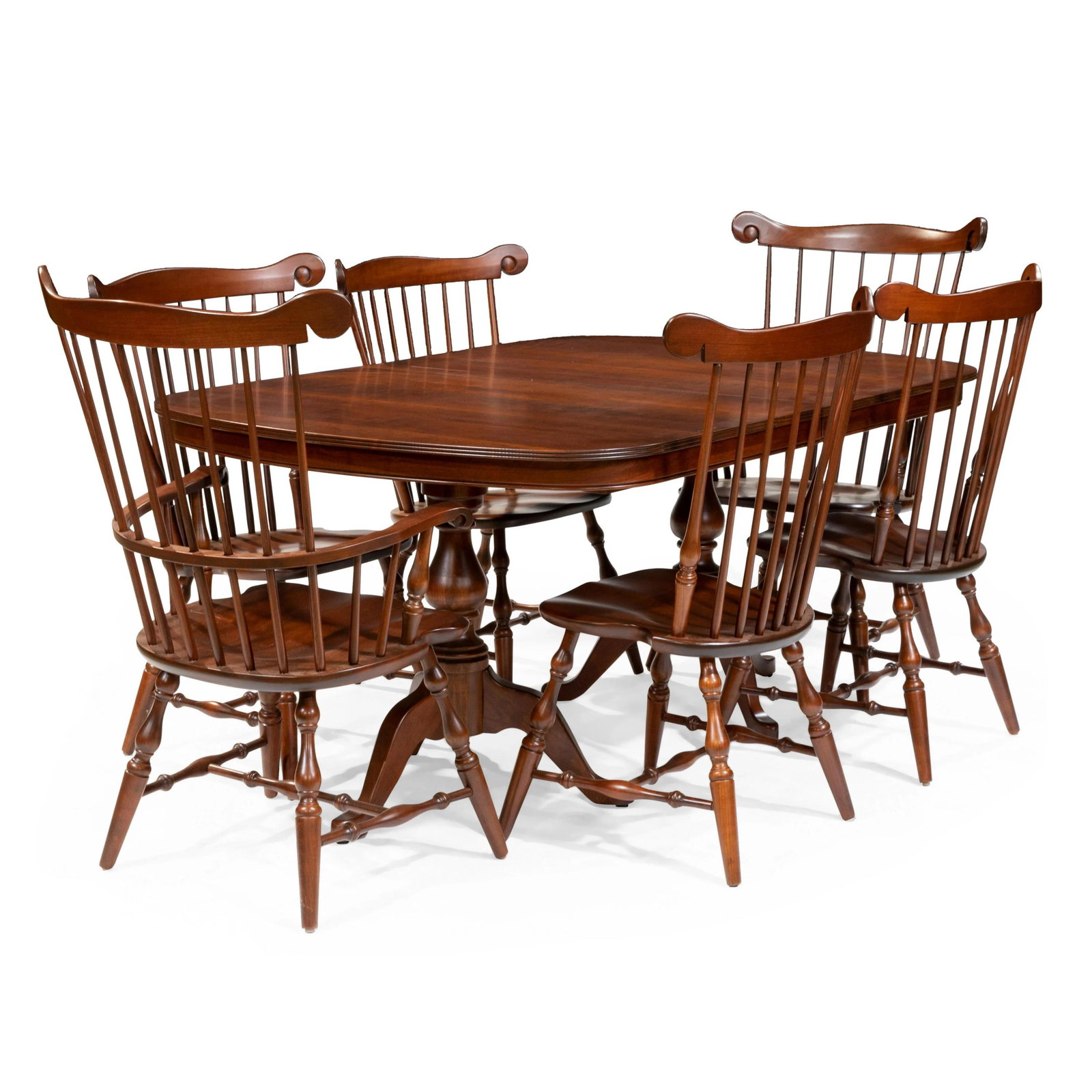 Cherry Table and Windsor Chairs: Cherry double pedestal table and 6 Windsor chairs including 2 arms. Includes 4 leaves, 2 with skirts. Dimensions - table - 30.5" x 66" x 44" leaves- 12" chair- 42" x 24.5" x 24"