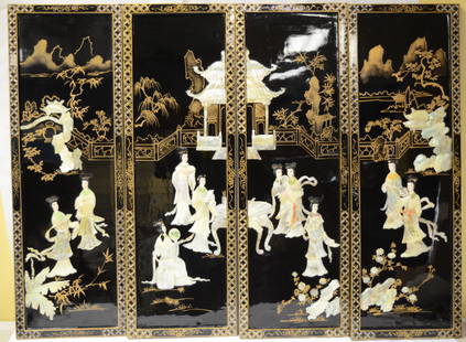 Chinese 4 Lacquered Screen w. Mother Pear Inlaid: Four Chinese lacquered screen wall panels decorated with painted mother pearl ladies and gilt in garden scene. each 12"W x 36"H