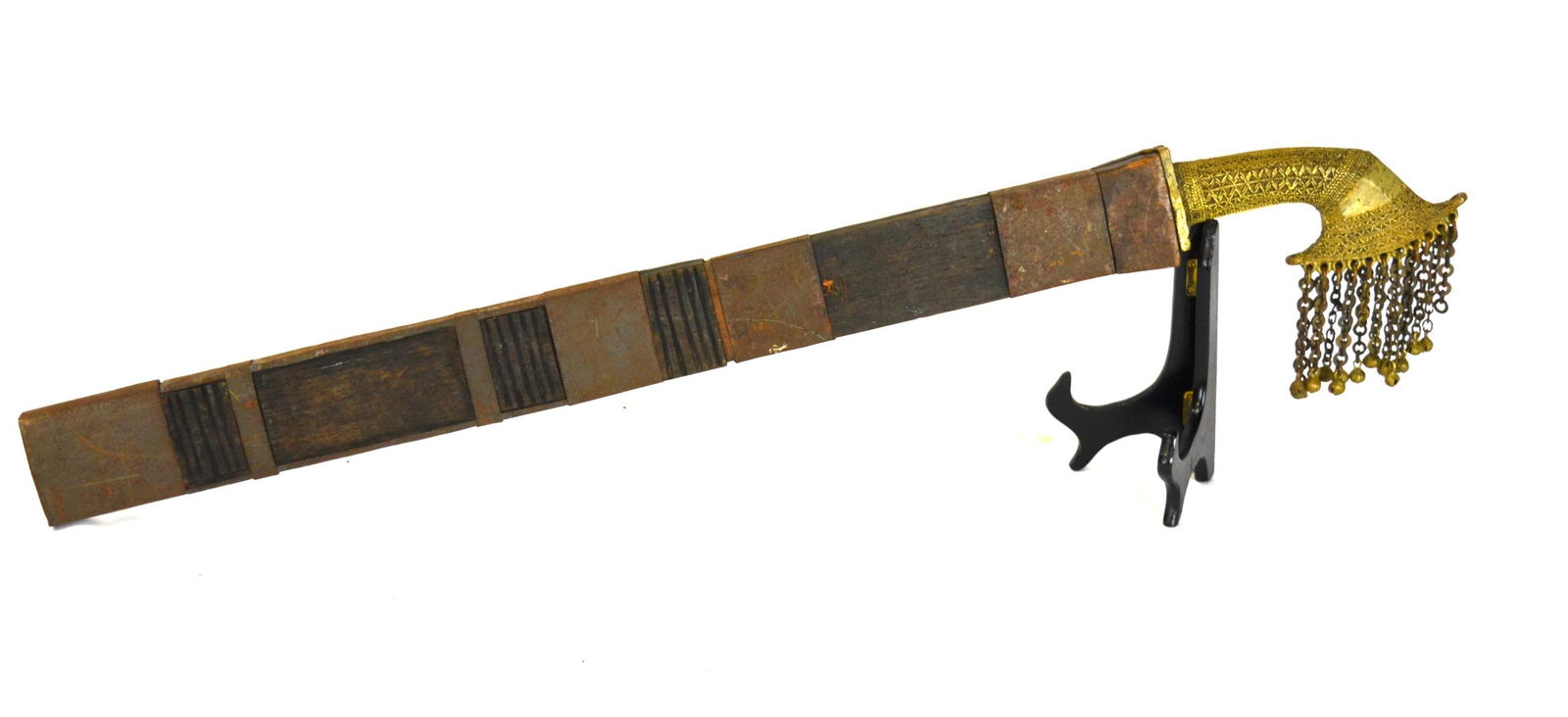 Philippines Antique T’boli Sword: Philippines T’boli sword bronze handle with chains drop. and metal mounted wood scabbard. 30 3/4"L