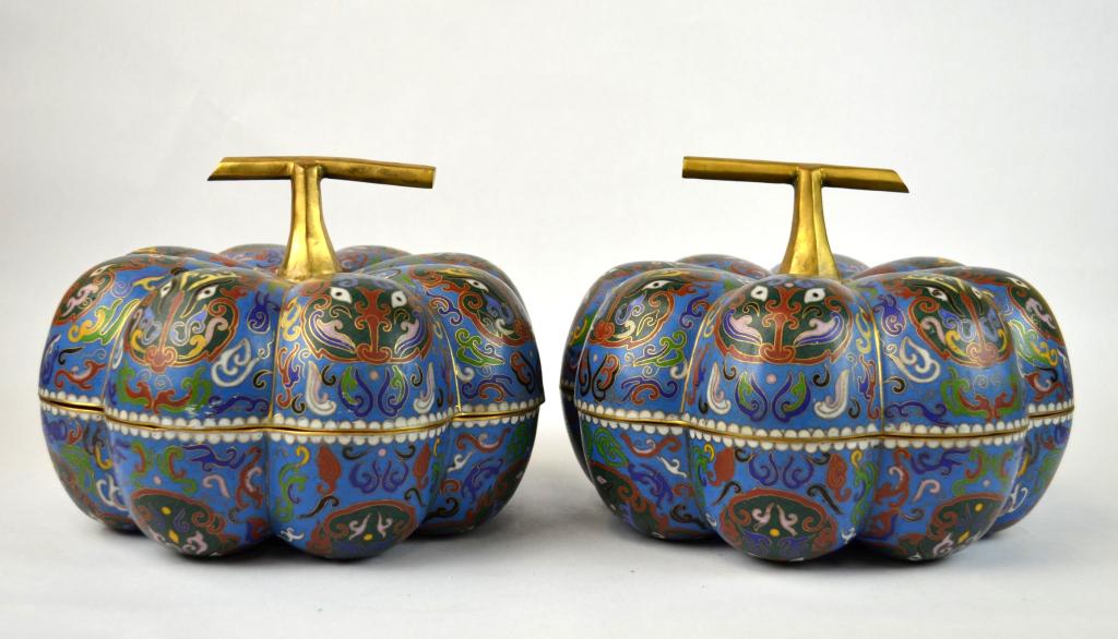 Pair of Chinese Cloisonne Pumpkin Shaped Boxes (1 of 10)