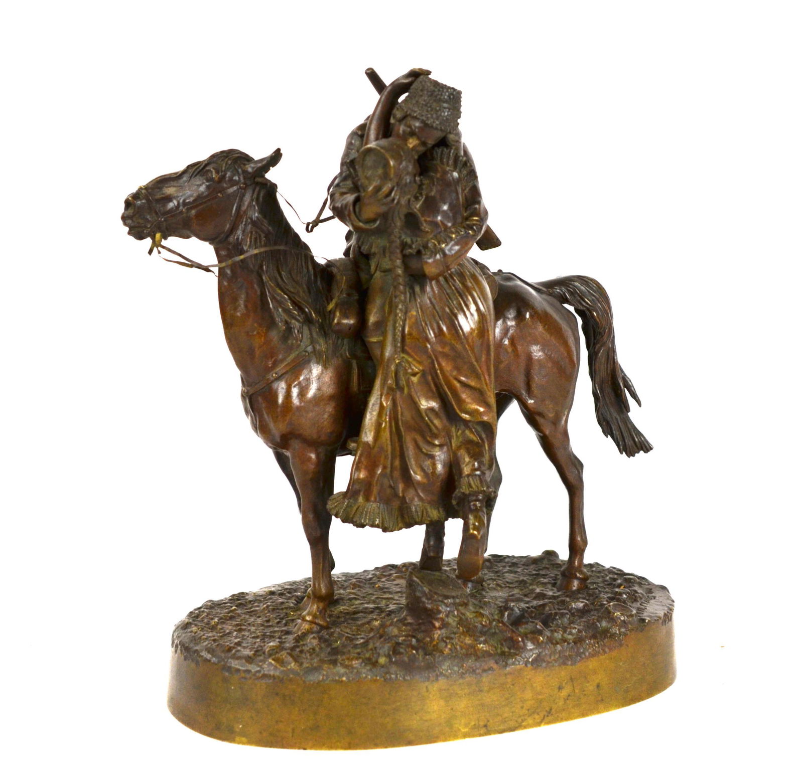 Russian Bronze Sculpture by Grachev: 19th century Russian bronze known as the Cossack’s Farewell (Kiss), by Vasiliy Grachev. Signed and stamped on base. 9 1/2"W x 9 1/2"H