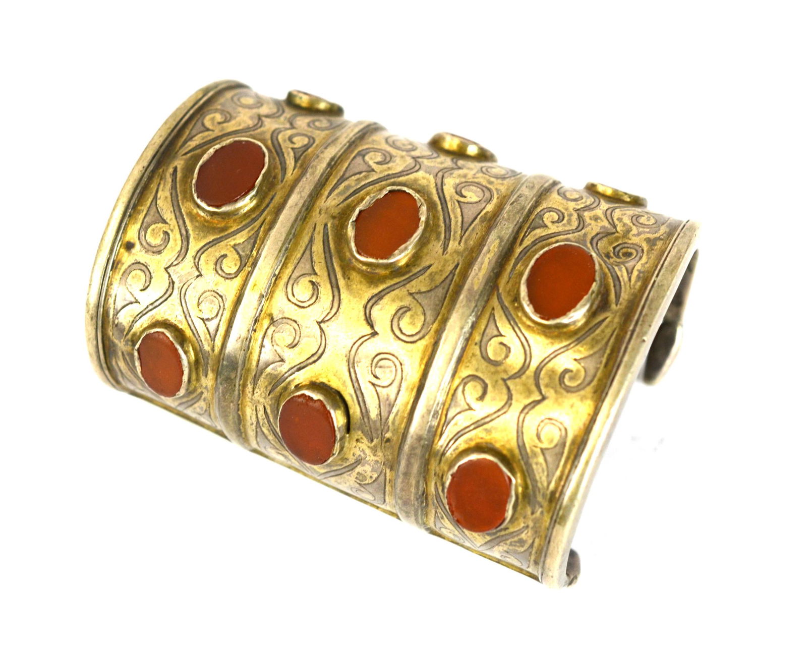 Persian Silver Bracelet w. Orange Stone Inlaid: Persian antique silver bracelet with stone inlaid. 3 1/2"L x 2 7/8"W x 2 1/4"H