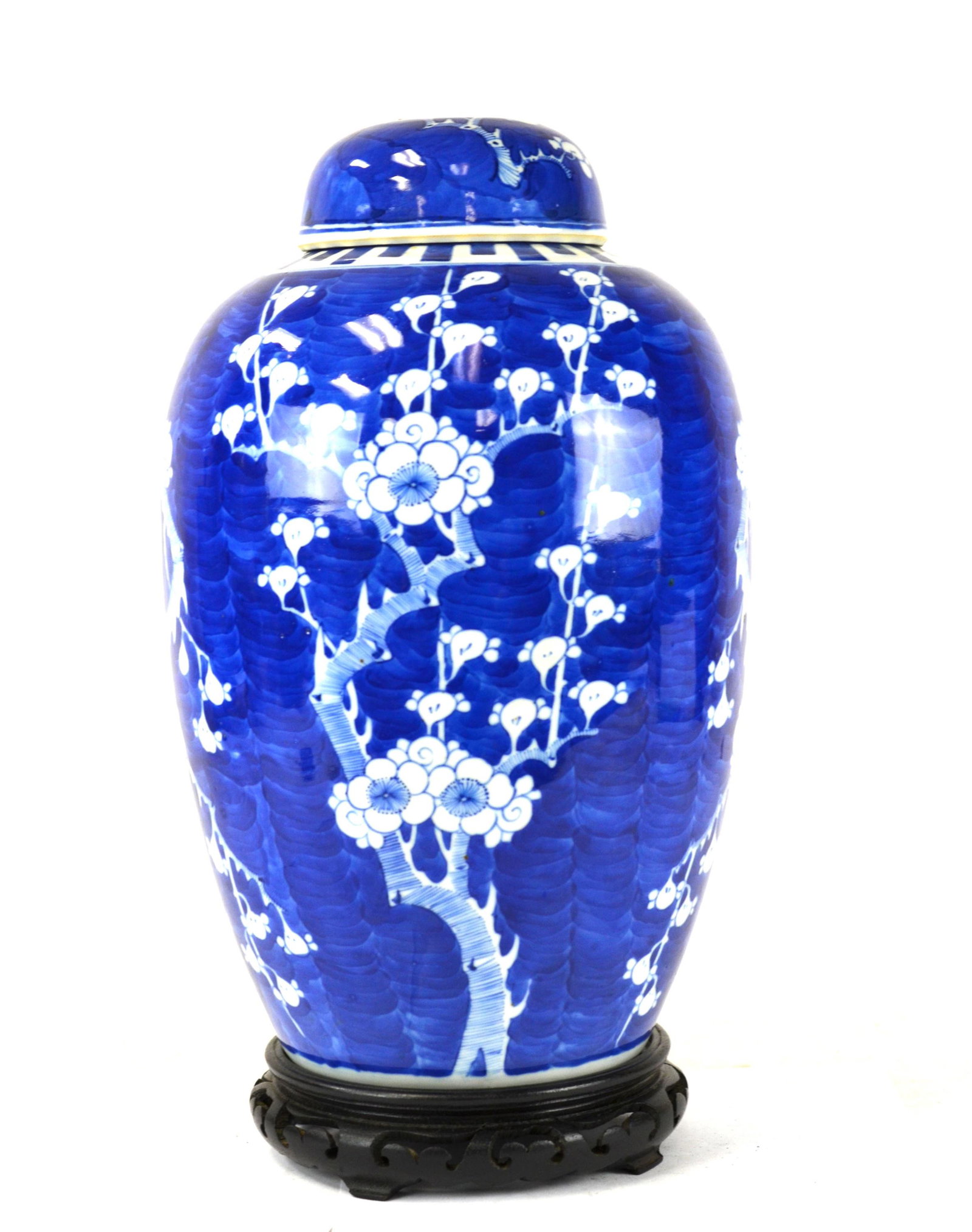 Chinese Blue & White Covered Plum Vase: 19th century. Chinese blue and white vase with cover and plum pattern. 13 1/2"H x 7 1/2"W