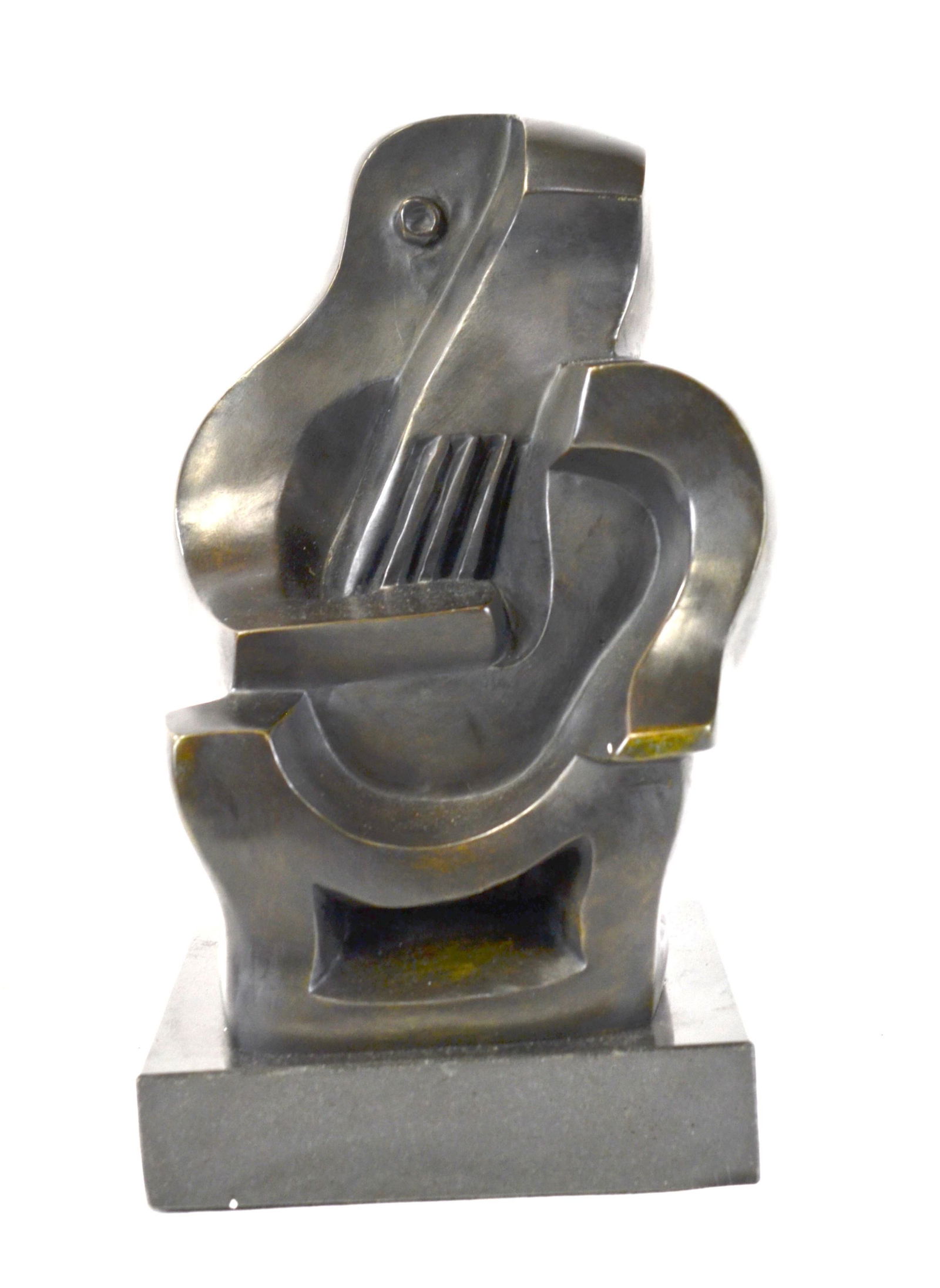 Jacques Lipchitz (1891-1973) Bronze Sculpture: Lacques Lipchitz bronze sculpture of Guitar player on black stone. with signature in the back. 16"H x 8 1/2"W