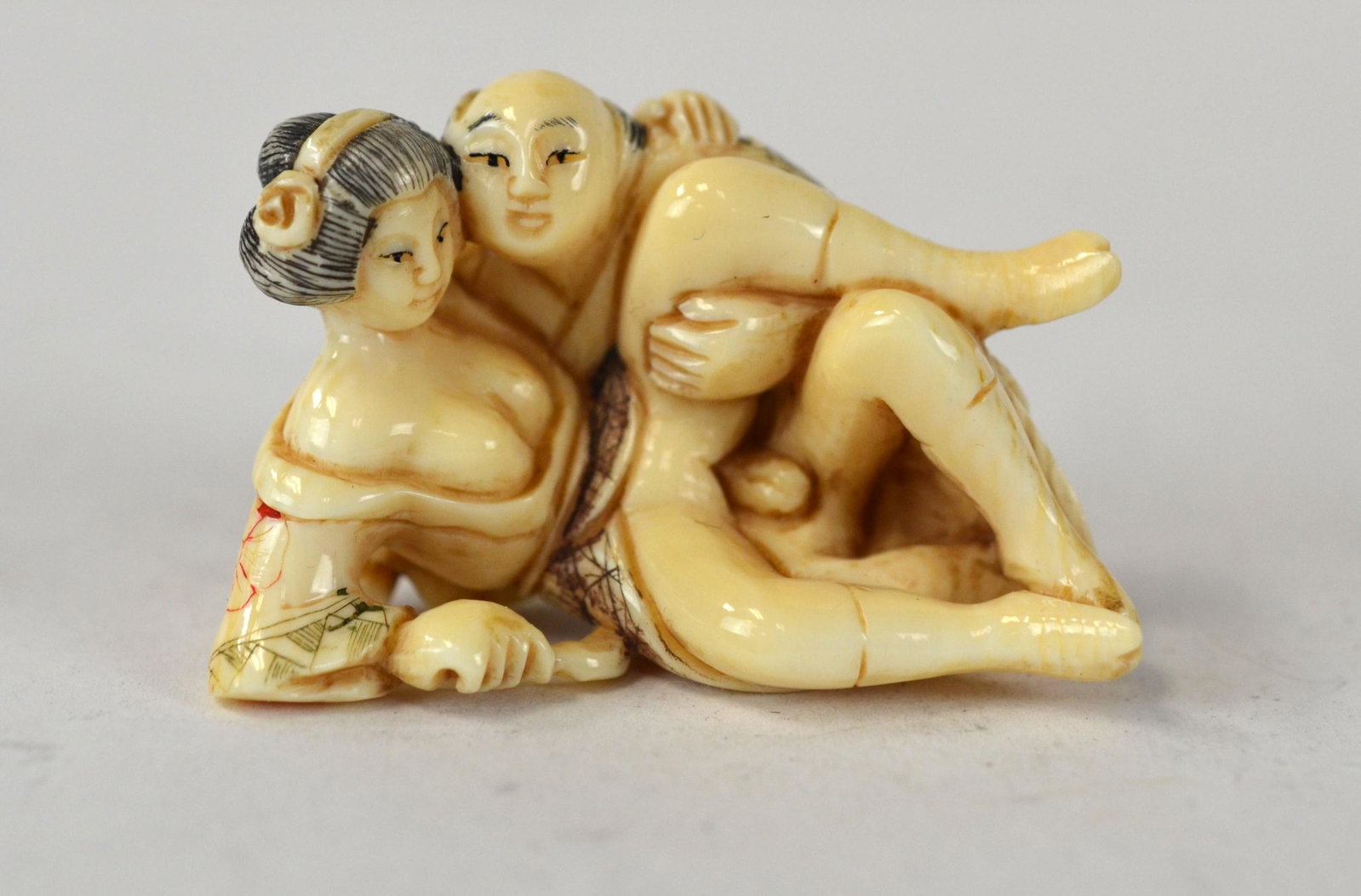Japanese Erotic Netsuke: Antique Japanese carved erotic netsuke with mark. 1 3/4"W x 1 1/4"H