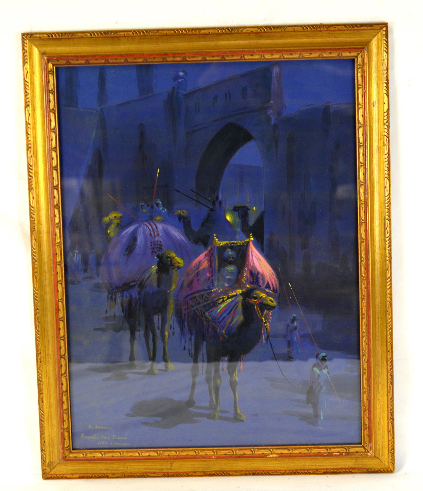 Framed Persian Water Color Painting: Framed Persian water color pastel painting of men on camels. signed and dated. 16"W x 20"H