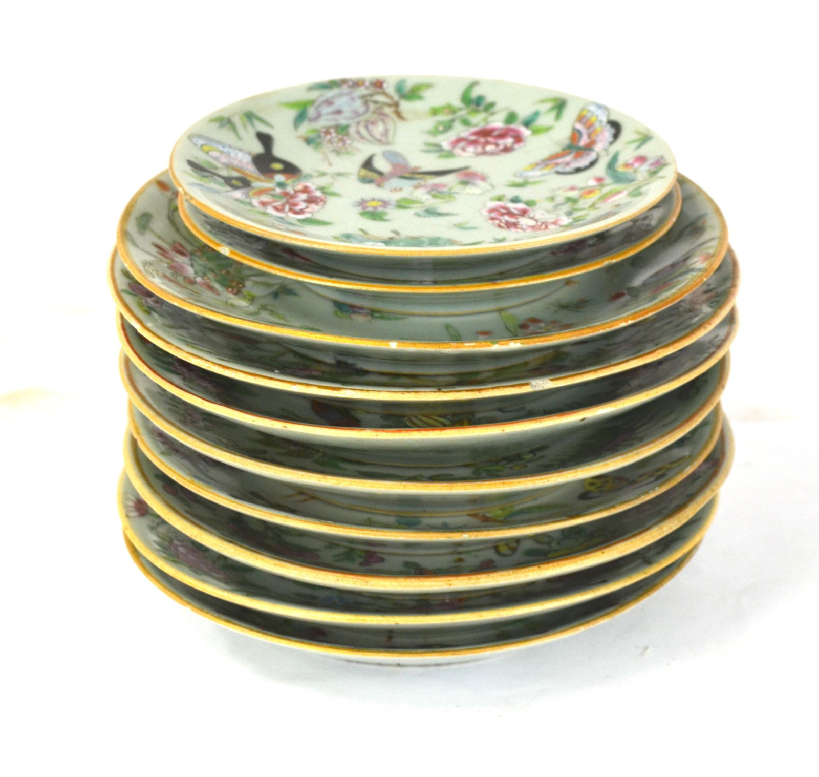 Group of Ten Pcs Chinese Painted Celadon Dishes (1 of 12)