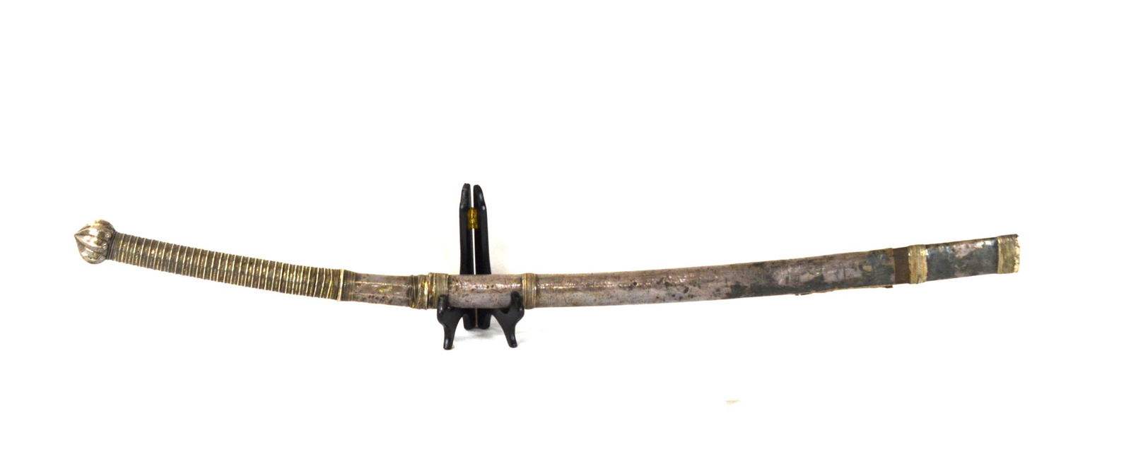Burmese Silver Sword: Burmese antique sword with silver mounted handle and scabbard. 37"L