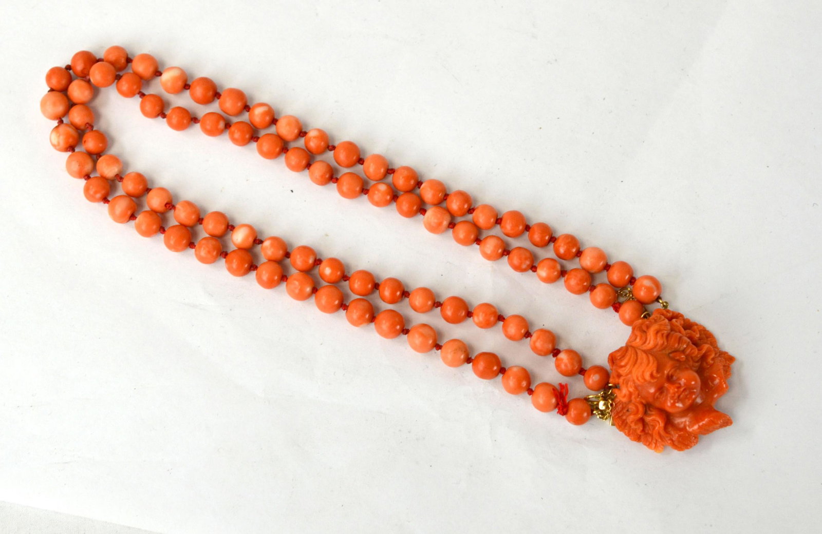 European Red Coral Beads Necklace w. Cupid Pendant (1 of 5)