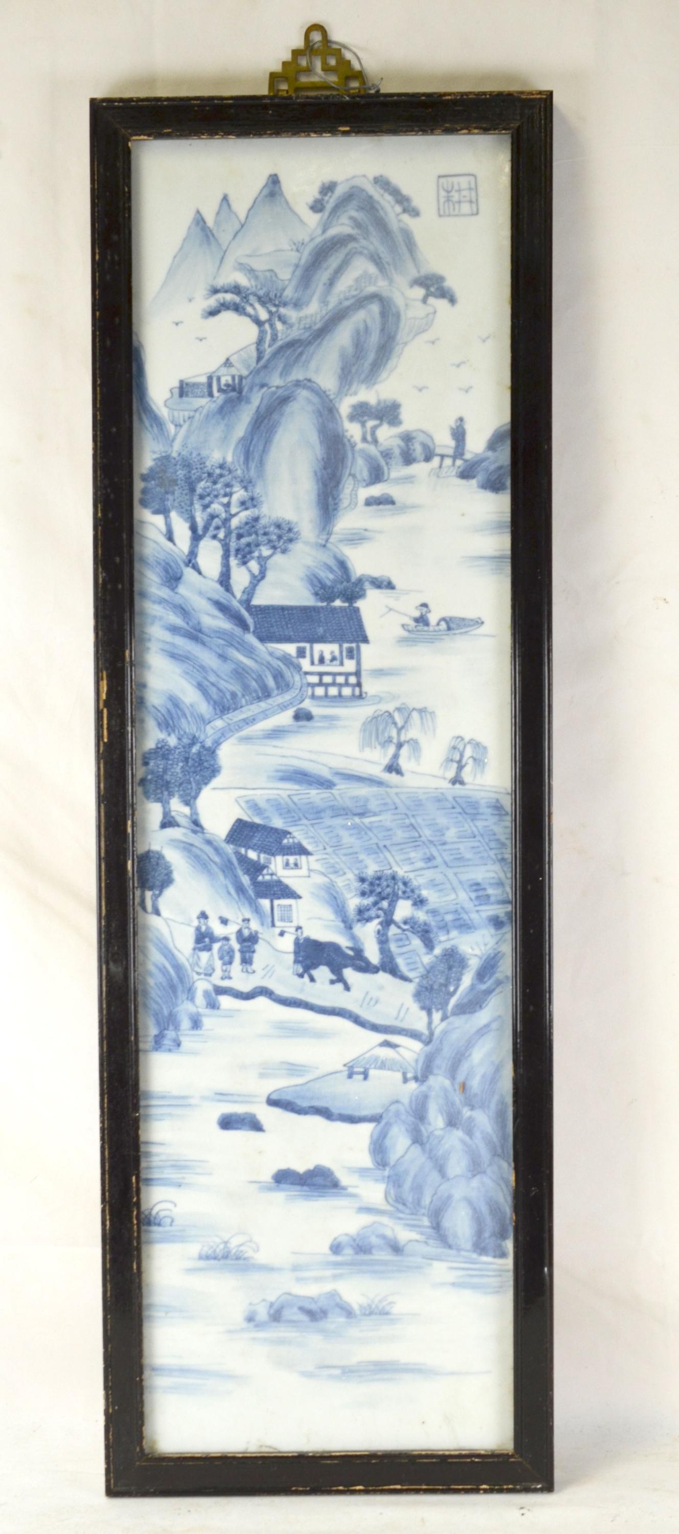 Chinese Framed Blue & White Wall Hang Plaque (1 of 6)