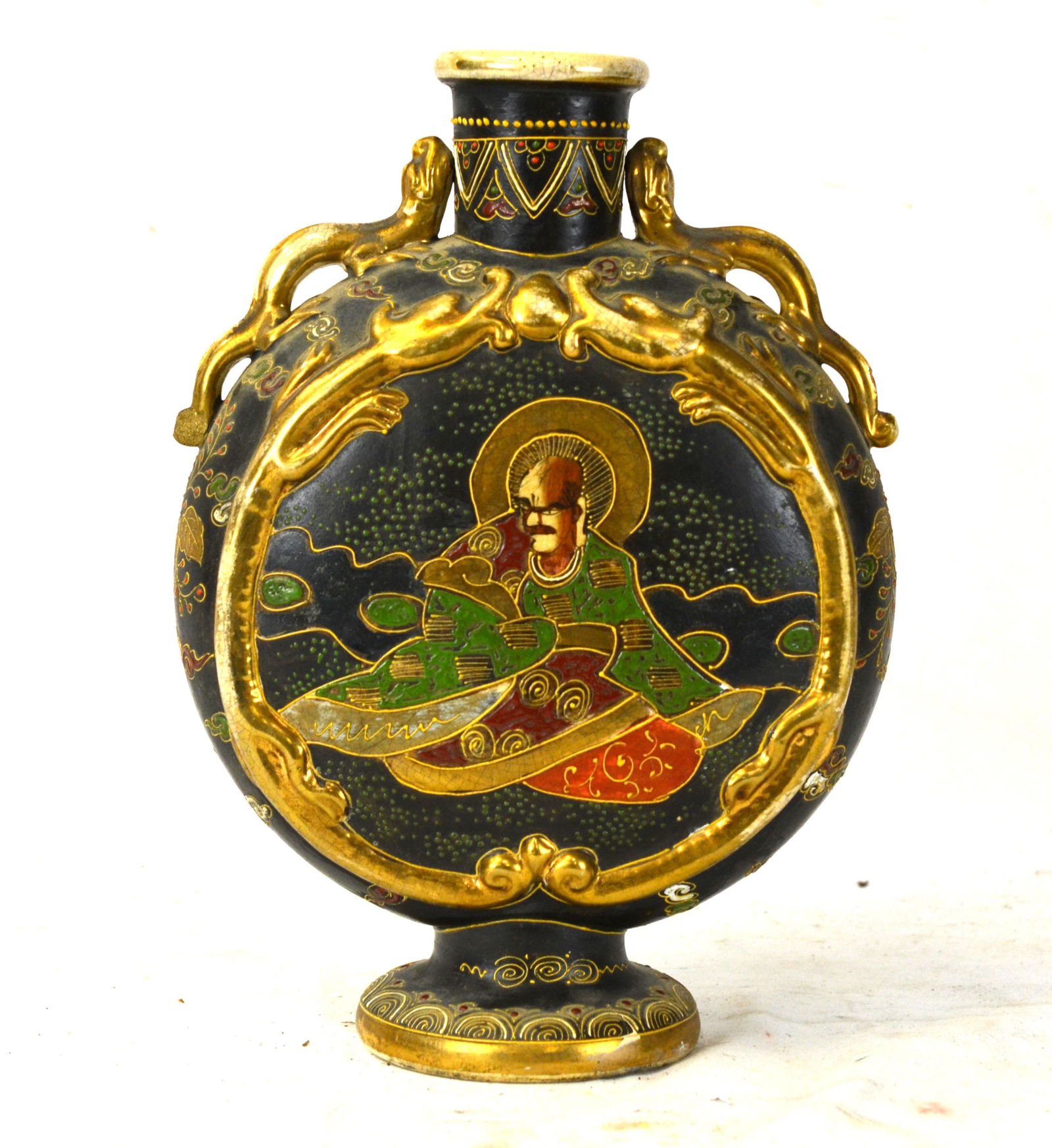 Japanese Satsuma Flask Vase: Japanese Satsuma flask vase with two dragon handles and painted with figures on both side. 12 1/2"H x 9"W