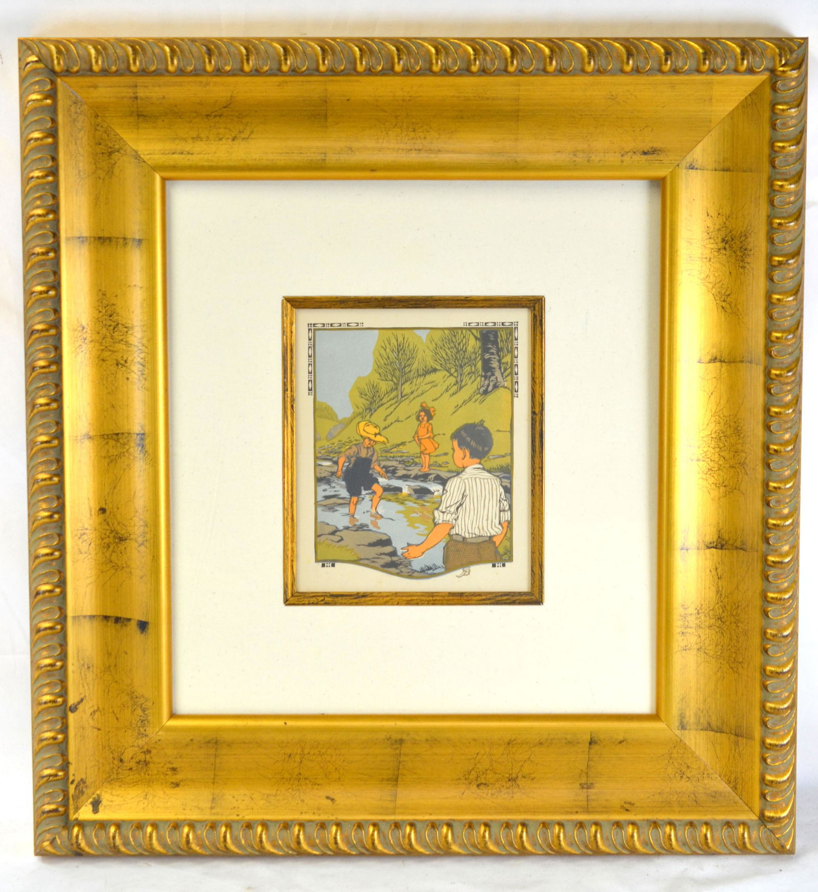 Gustave Baumann "Children Playing in a Stream" Woo: Gustave Baumann, "Children Playing in a Stream", original wood cut, 1910. First edition. Signed. Image:8"x9", Frame:23"x24.5"