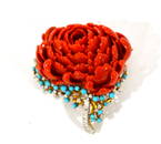 18K Gold Mounted Coral, Diamonds & Turquoise Pin