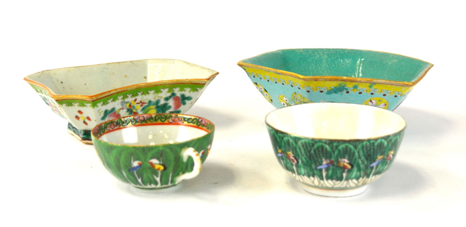 Four Chinese Famille Rose Porcelain Pieces: 19/20th century. four Chinese porcelain pieces including a hexagonal bowl decorated with circular flowers . 8 1/2"Dia x 2 3/4"H, a octagonal shape planter. size: 7 1/2"W x 5 7/8"D x 2 1/4"H, and two p
