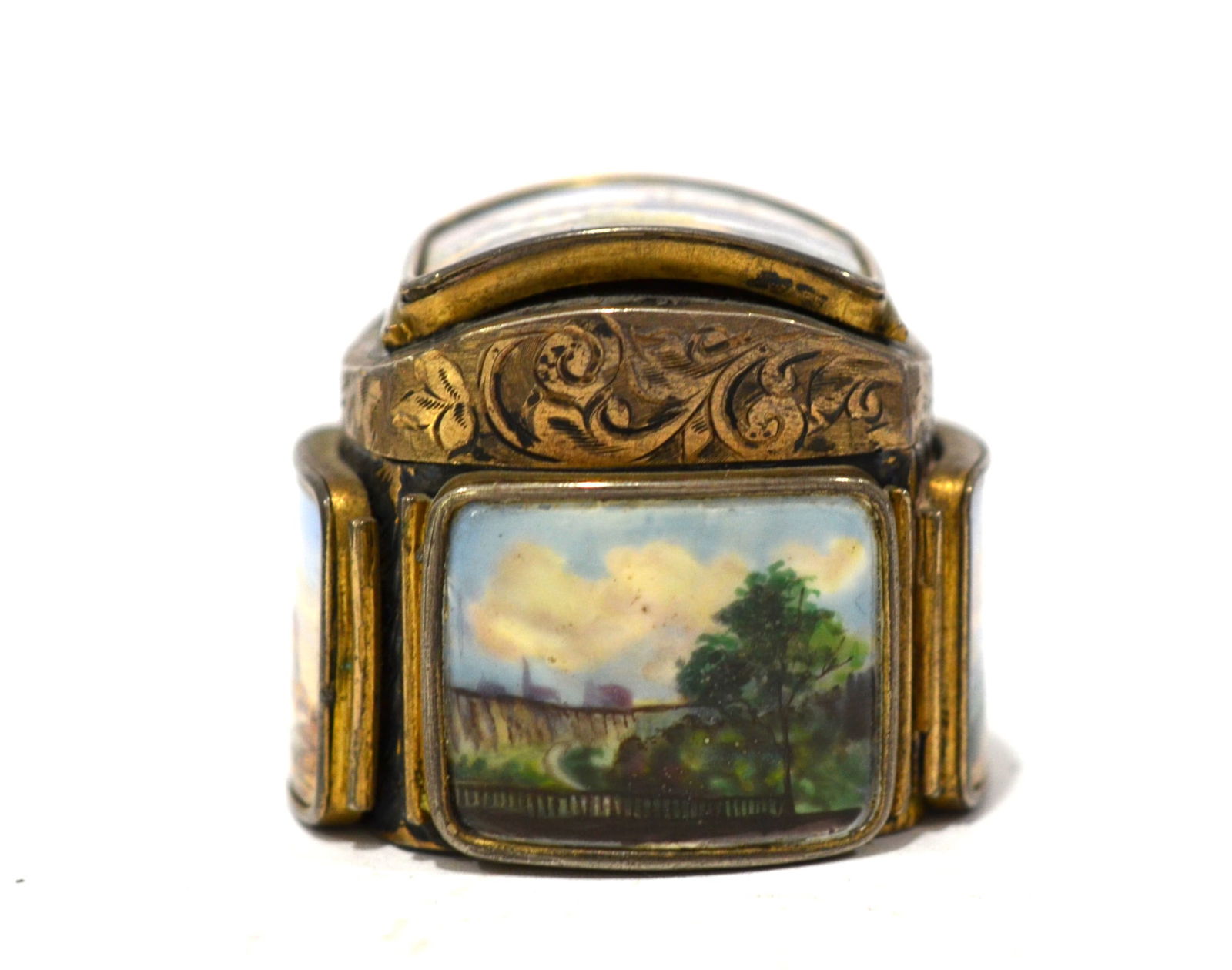 Silver Enamel Pill Box: Silver enamel pill box with four side and top painted landscaping scene, 1 5/8"H x 1 7/8"W, total weight about 72 grams