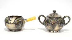 Fine Japanese Silver Enamel Sugar Bowl & Creamer