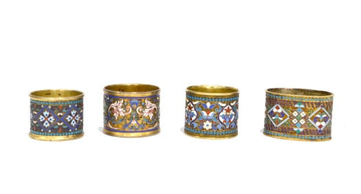 Four Russian Silver Enamel Napkin Holders