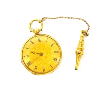 18K Gold Enamel Swiss Pocket Watch w Key