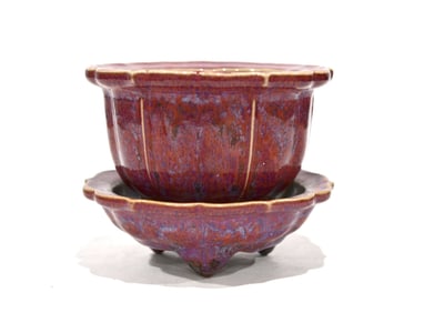 Chinese Lobed Flambe Glazed Planter & Underplate