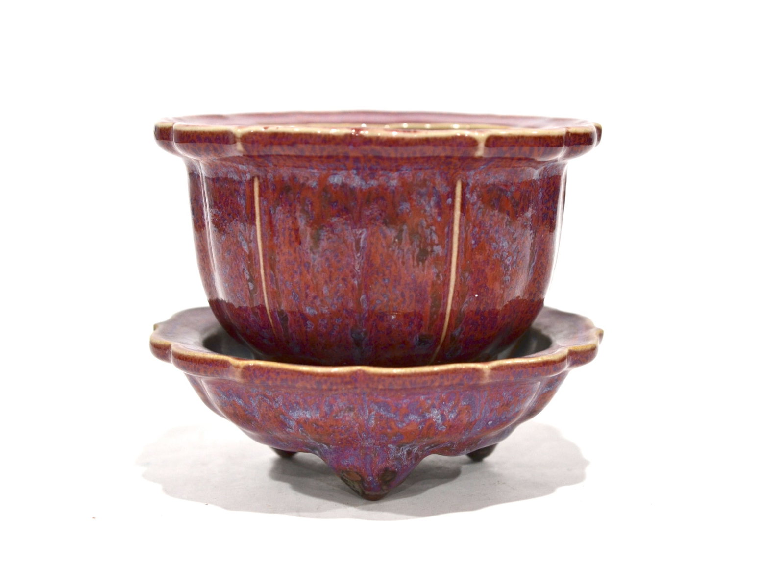 Chinese Lobed Flambe Glazed Planter & Underplate (1 of 10)