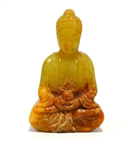 Chinese Carved Yellowish Buddha Jade Figure