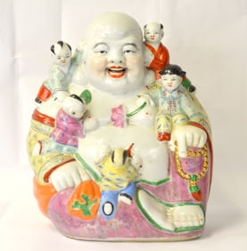 Chinese Famille Rose Happy Buddha Figure Group