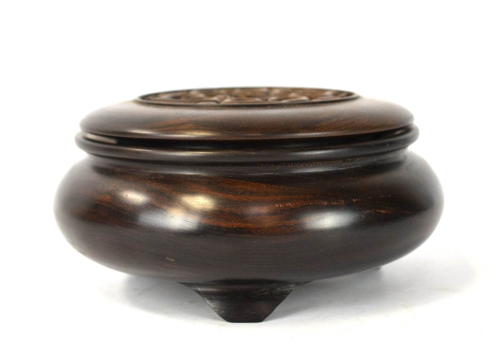 Chinese Wood Censer w/Cover: Chinese tripot wood censer with carved cover. 7" x 3 1/2"