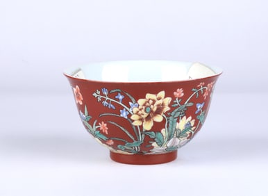 A Famille Rose Coral Red Ground Bowl