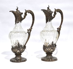 Fine Pr of Silver Mounted Crystal Pitchers
