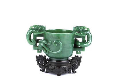A Spinach Jade Vessel w Two Dragon Handles