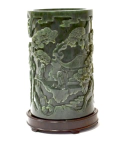 Chinese Carved Spinach Jade Brush Pot