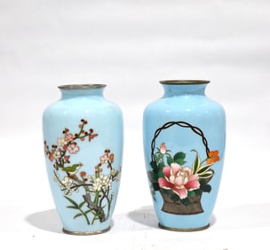 Two Light Blue Cloisonne Floral Vases