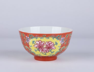 A Famille Rose Coral Red Ground Floral Bowl