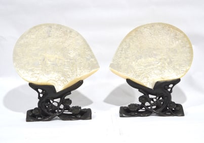 Pr Mother of Pearl Shell Carvings on Stands