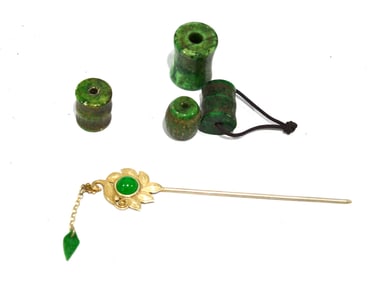 Five Pcs of Green Stone & Silver Pin