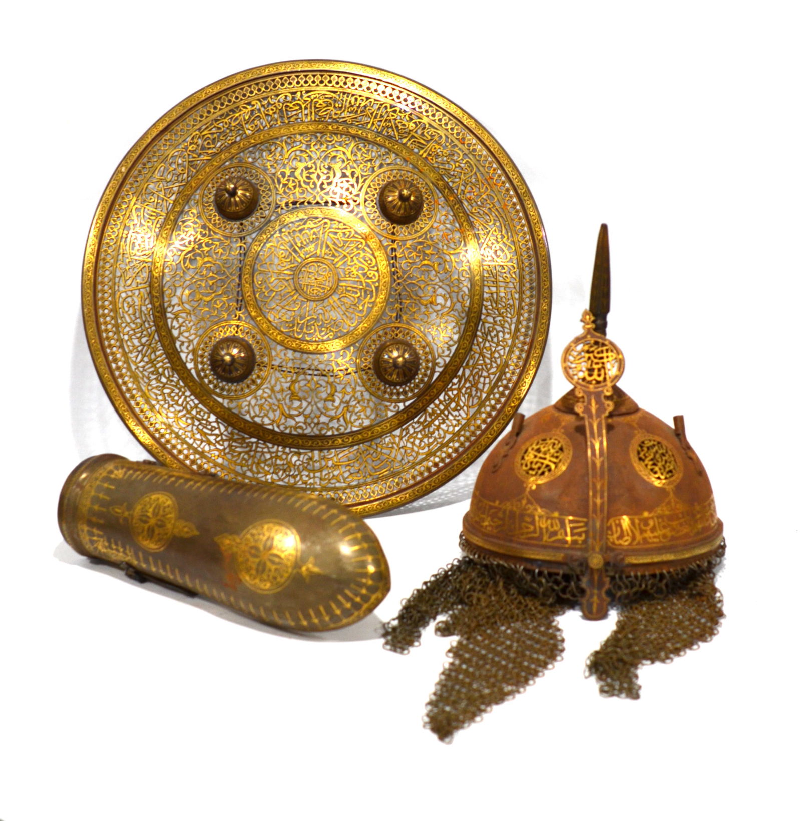 3 Islamic Gold Inlaid Shield, Helmet & Arm Guard (1 of 20)