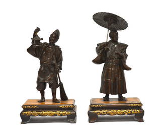 Two  Japanese Bronze Figures on Wood Stand, Signed