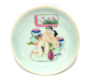 Chinese Cantonese Celadon Ground Erotic Plate