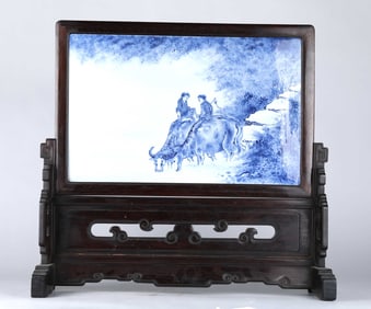 Chinese Blue & White Porcelain Wood Table Screen