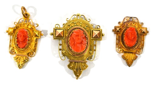Three 14K Gold Mounted Coral Pin & Pendants