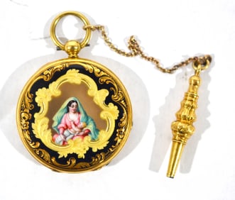 Swiss Enamel & Gold Pocket Watch w Key